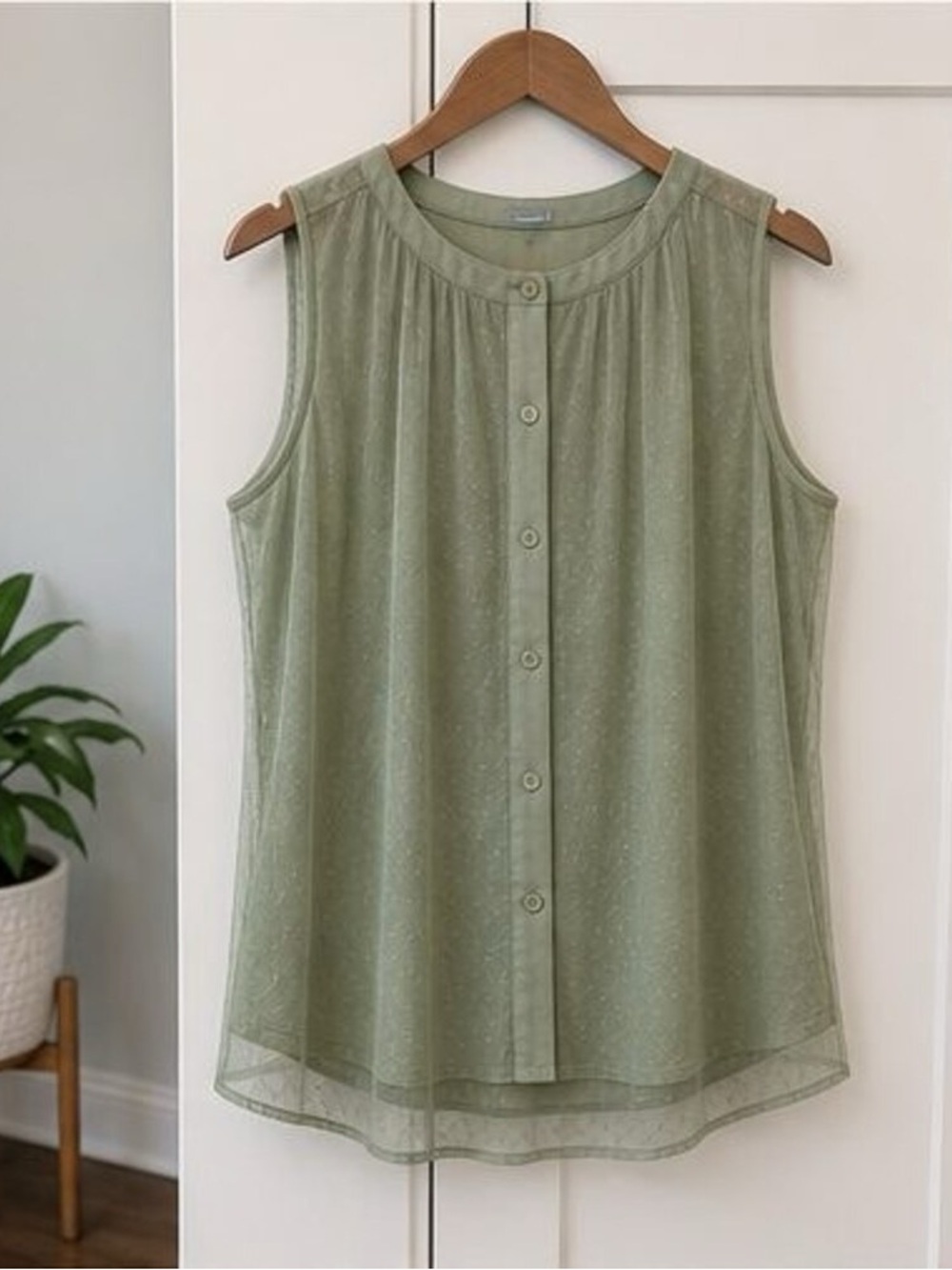 Sleeveless Sage Green Button-Front Top